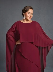 Faeriesty Mosy Round Neck Bat Wing Sleeves Layered A-Line Maxi Dress For Plus Size Bride Moms, Perfect For Wedding Mother Of The Bride, Formal Receptions, Church Ceremonies, Banquet Parties, And Family Gatherings. - Burgundy - View 9