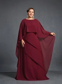 Faeriesty Mosy Round Neck Bat Wing Sleeves Layered A-Line Maxi Dress For Plus Size Bride Moms, Perfect For Wedding Mother Of The Bride, Formal Receptions, Church Ceremonies, Banquet Parties, And Family Gatherings. - Burgundy - View 2