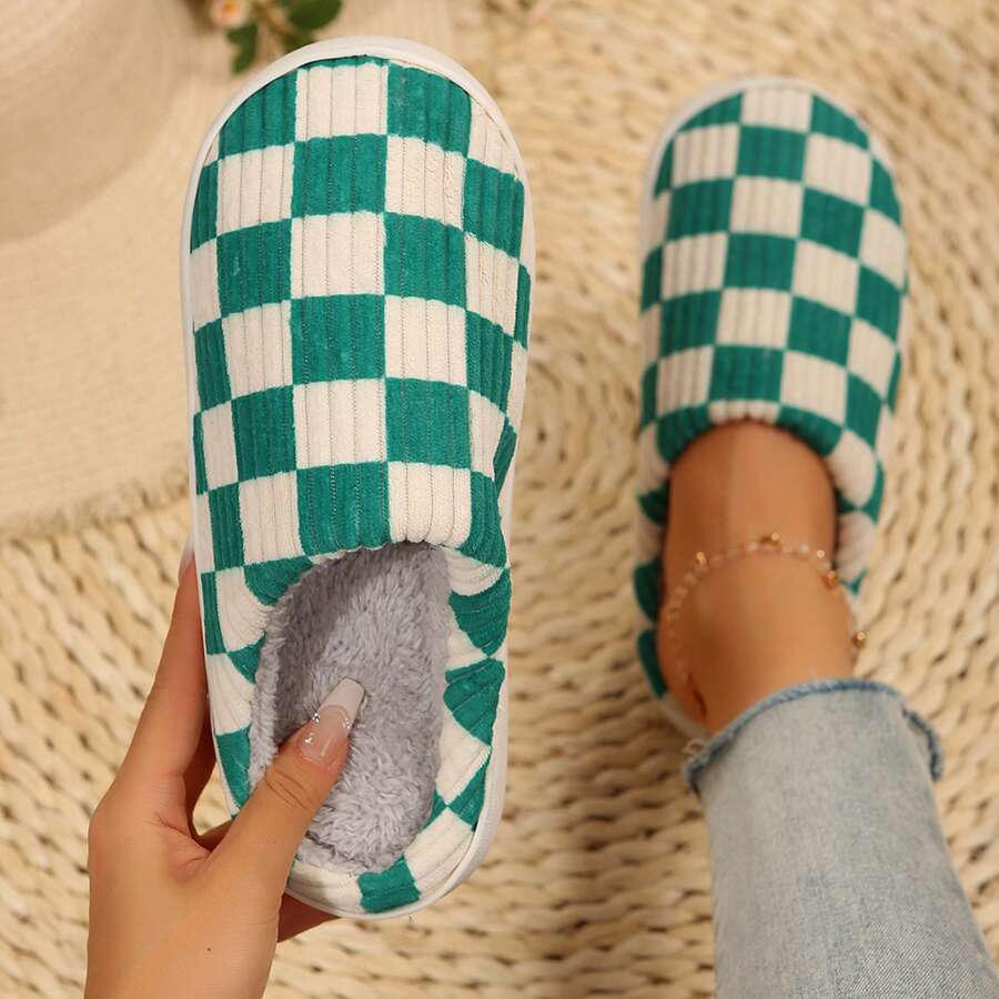 Women's Checkered Slippers Fluffy Preppy Slippers Fuzzy House Slippers ...