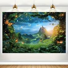 1 pieza, Fondo de fotografía de bosque - Cuento de hadas de primavera con mariposas, diseño de bosque verde y cueva de montaña - Fondo de poliéster versátil para retratos, fiestas de cumpleaños y talla grande - Multicolor - Ver 7
