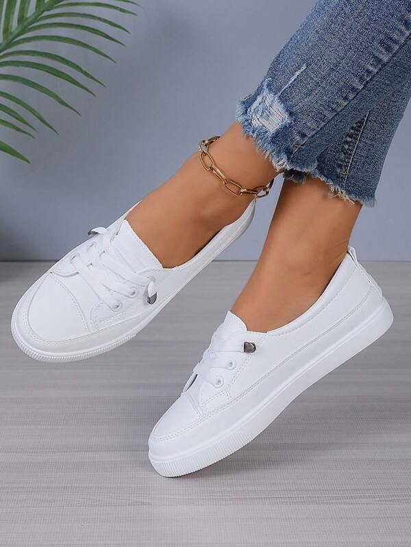 Women's Plus Size White Fashion Sneakers, Flat Design Versatile Lace-Up Casual Sports Shoes (Run Large By Half Size)