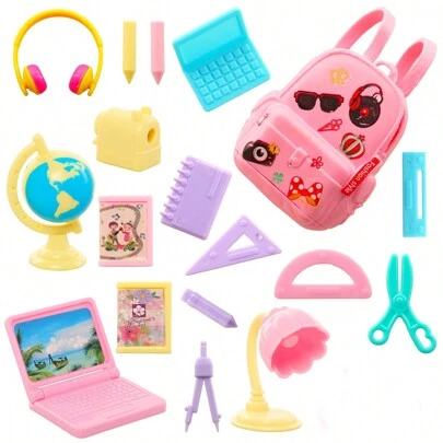 Set de 18 piezas de accesorios para casita de muñecas de 11 pulgadas, que incluye muebles en miniatura (9 piezas), papelería (8 piezas) y una mochila aleatoria (1 pieza), adecuado para Navidad u otros