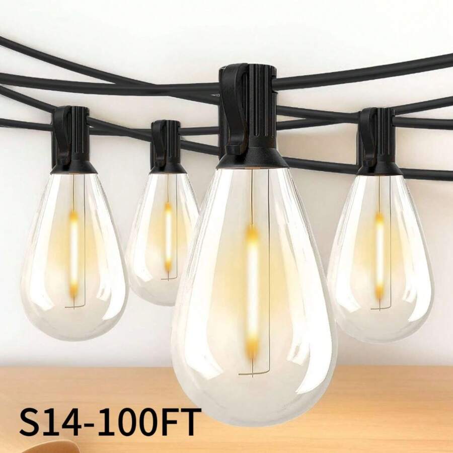 S14 LED Patio Light, 100 Feet Outdoor String Light With 24 Vintage Edison Bulbs, Linked Outdoor String Light For Porch, Backyard Cafe. - 黑色 - 查看 1