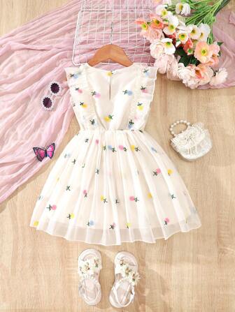 Ung flicka sommar ny broderad mesh ärmlös klänning