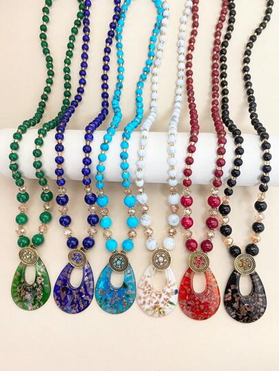 1 件时尚波西米亚风玻璃水滴吊坠项链，女士节日礼物