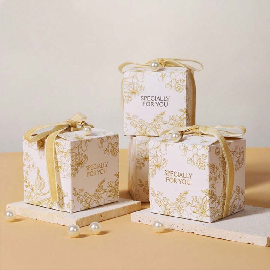 6pcs Retro Elegant Paper Candy Box Gift Packaging Box Mini Pearl Decor, Suitable For Wedding Party Favors - Yellow - View 1