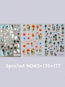 椰子树日落海滨夏日海滩 3D 浮雕美甲贴纸，水母海星海浪贝壳主题植物棕榈叶火烈鸟鸟滑块夏威夷假日指甲贴花 DIY 饰品装饰自粘美甲用品 - 彩色 - 查看 21