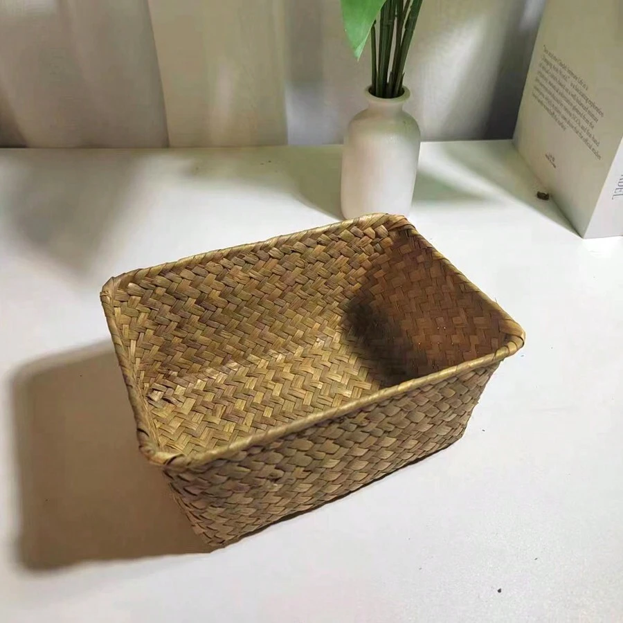 1pc Woven Grass Storage Basket, Drawer Organizer Box, Multi-Purpose Home Decor Accessory - Yellow - View 1