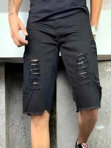 Men's Ripped Jeans Shorts Fashion Style - 黑色 - 查看 7