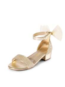 Girls Sandals Low Heel Dress Pump Ankle Strap Interchangeable Bow Flower Wedding Party Shoes For Little Kid/Big Kid - 金色閃光 - 查看 9