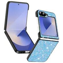 1Pc Glitter Phone Case With Hinge Protection Shockproof Rugged Sparkle Bling Cute Protective Cover Compatibility With Samsung Galaxy Z Flip 6 2024 - Glitter Blue - View 1