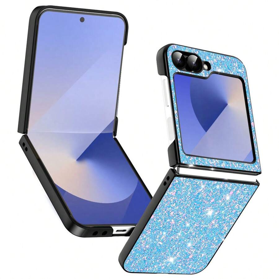1Pc Glitter Phone Case With Hinge Protection Shockproof Rugged Sparkle Bling Cute Protective Cover Compatibility With Samsung Galaxy Z Flip 6 2024 - Glitter Blue - View 1