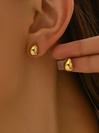 1 par de pendientes de poste de acero inoxidable con gota de agua hueca y lisa, joyería clásica y simple de uso diario de siempre verde para mujeres