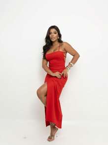 Vestido Colado Longo Canelado com fenda costas nuas trançadas elegante empina bumbum - Vermelho - Visão 2