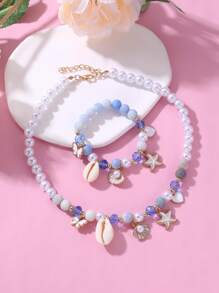 2 件套女孩海星贝壳蝴蝶珍珠串珠项链和手链套装