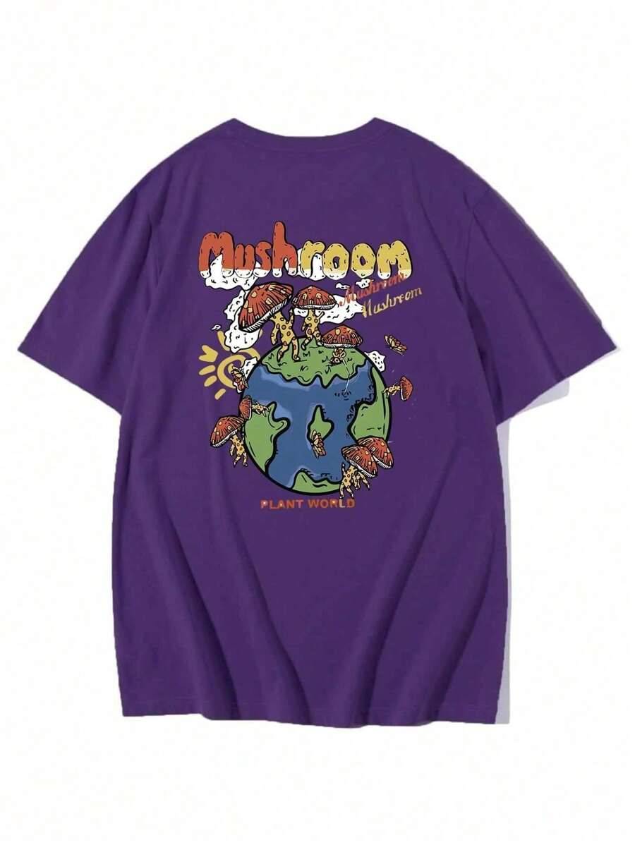 100% Cotton 30.1 T-Shirt Printed Planet Mushroom Fashion Streetwear Novelty Blouse - 紫色 - 查看 1