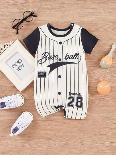 Baby Boy Randig & Tryckt Romper Baseball Letter Tryckt Spädbarn Romper Sommar Outfits