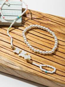 2件套波西米亚海滩度假风人造珍珠贝壳蝴蝶结串珠脚链套装（女士） - 彩色 - 查看 11