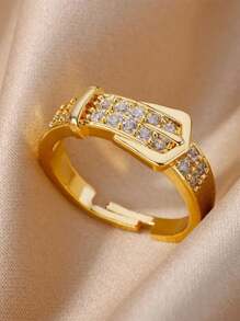 1 Pc Fashion Cubic Zirconia Belt Ring For Women Gold Color Stainless Steel Adjustable Geometric Ring Wedding Party Jewelry Gift