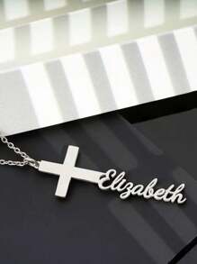Personalized Name Cross Necklace For Women Men Silvery Gold Color Stainless Steel Customized Name Cross Pendant Jewelry Custom Easter Jewelry Christian Gift Mother's Day Gift Religious Accessories Chains Choker - Silver - View 5