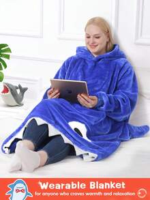 Shark Hoodie Blanket For Adult, Shark Wearable Blanket Hoodie Gifts For Women Men, Funny Blanket With Sleeves Is Funny Gift, Hooded Blanket Shark Gifts - 藍色 - 查看 3