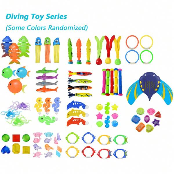 Conjunto de juguetes de buceo y natación de verano para niños - Incluye torpedo, algas, animales acuáticos, aros de buceo con gemas (colores aleatorios) y raya picuda poderosa (con certificación completa), empaquetado en bolsa de OPP