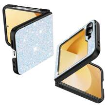 1Pc Glitter Phone Case With Hinge Protection Shockproof Rugged Sparkle Bling Cute Protective Cover Compatibility With Samsung Galaxy Z Flip 6 2024 - Glitter White - View 2