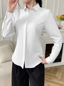 Women's Solid Color Long Sleeved Business Interview Commuting Casual Relaxed Feeling Simple Spring Summer Autumn Shirt - 白色 - 查看 4