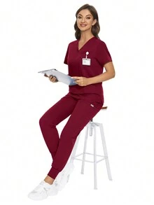 護士制服工作服短袖口袋襯衫+褲子套裝純色護士制服藥房牙科工作服 - 紅色 - 查看 6