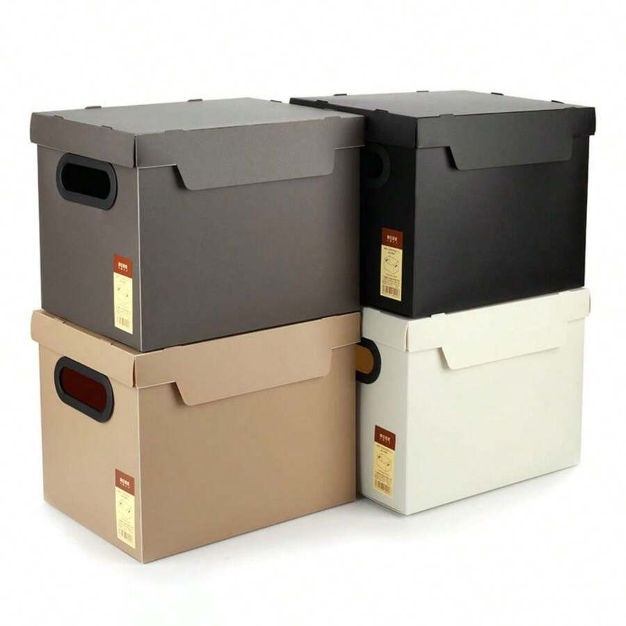 1 件大容量加厚塑料棕色卡其色可折叠收纳篮带盖办公文件衣物玩具收纳篮储物盒 - 卡其色 - 查看 1