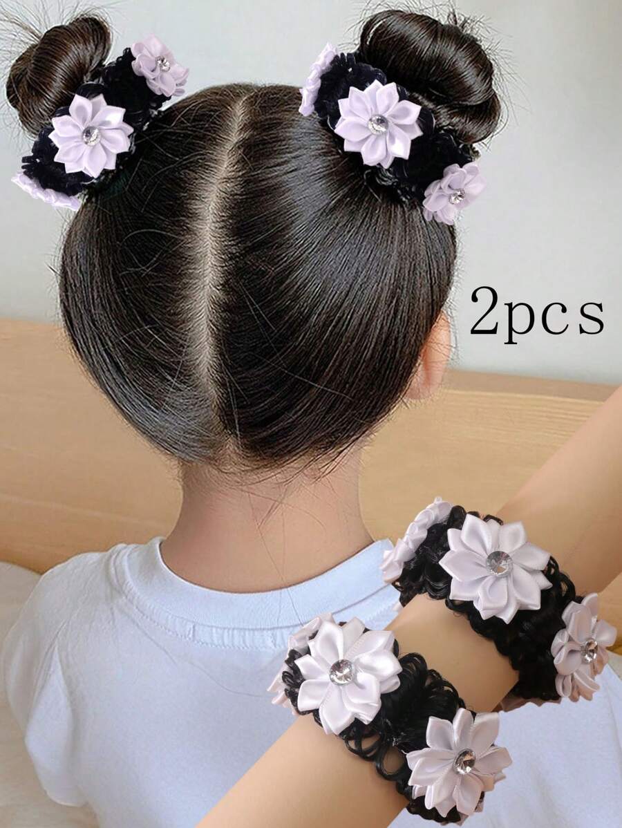 2 szt./zestaw Dziecięce Dziewczęce Śliczne gumeczki do kok Z kryształowymi dekoracjami kwiatowymi Na powrót do szkoły, na co dzień lub w podróż
