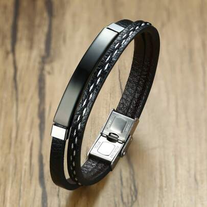 1pc Stainless Steel Curved Plate PU Leather Braided Double Layer Black Bracelet Men Gifts