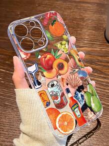 1 pieza Funda de teléfono de TPU transparente con diseño de fruta y bebida, anti-caídas y antihuellas compatible con iPhone