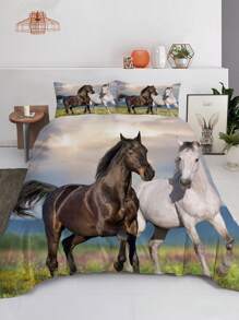 3 件套时尚被套套装，精美马匹印花床上用品套装，柔软舒适透气被套，适用于卧室、客房装饰（1 * 被套 + 2 * 枕套，不含芯） - 彩色 - 查看 1