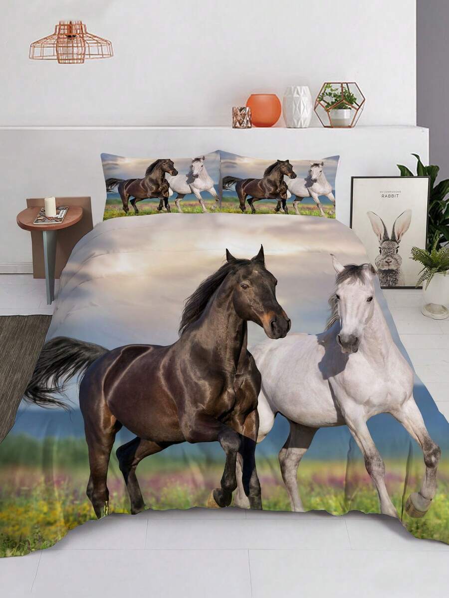 3 件套时尚被套套装，精美马匹印花床上用品套装，柔软舒适透气被套，适用于卧室、客房装饰（1 * 被套 + 2 * 枕套，不含芯） - 彩色 - 查看 1