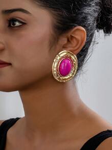 1pair Geometric Textured Oval Shape Inlaid Oval Pearl Vintage Elegant Ear Studs Earrings For Women