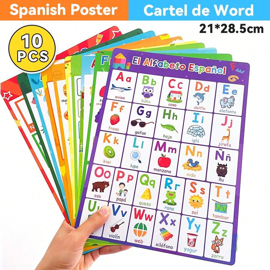 Lachilly 10 piezas Carteles en español, Carteles educativos en español para preescolar, Pegatinas de póster en español, Adecuado para aulas de primaria y escuelas en el hogar - Carteles del alfabeto español, Carteles en español para preescolar, Decoración de aula, Alfabeto español, Adecuado para paredes de aulas de jardín de infantes, Materiales educativos para el aprendizaje temprano, Juguetes educativos