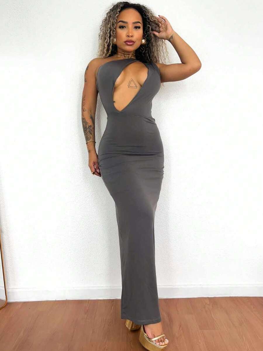 Marvila One Shoulder Long Dress - Gray - Xám - Xem 1