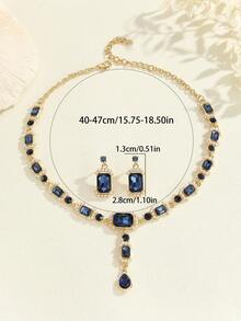3 piezas/set Pendientes de cubo de vidrio azul marino y collar Elegante Set de joyas para mujeres - Multicolor - Ver 4