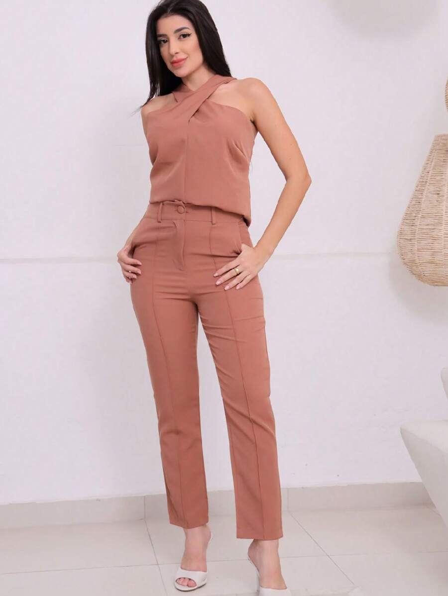 Summer Casual Two Piece Tailoring Set - 卡其色 - 查看 1