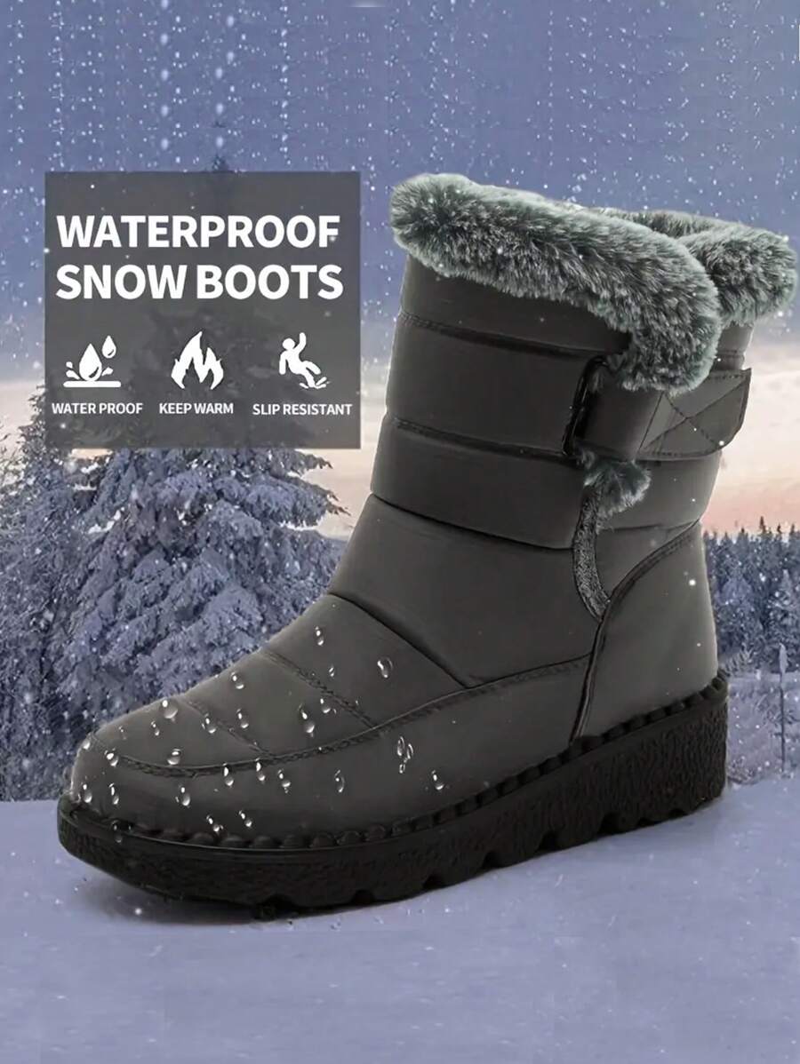 Women's Outdoor Snow Boots, Thermal Lined Thick Mid-Calf Boots, Round Toe Flat Heel, Plus Size 36-45, Winter High-Top Boots, Cold-Resistant, Middle-Aged Boots, Black - Grey - View 1