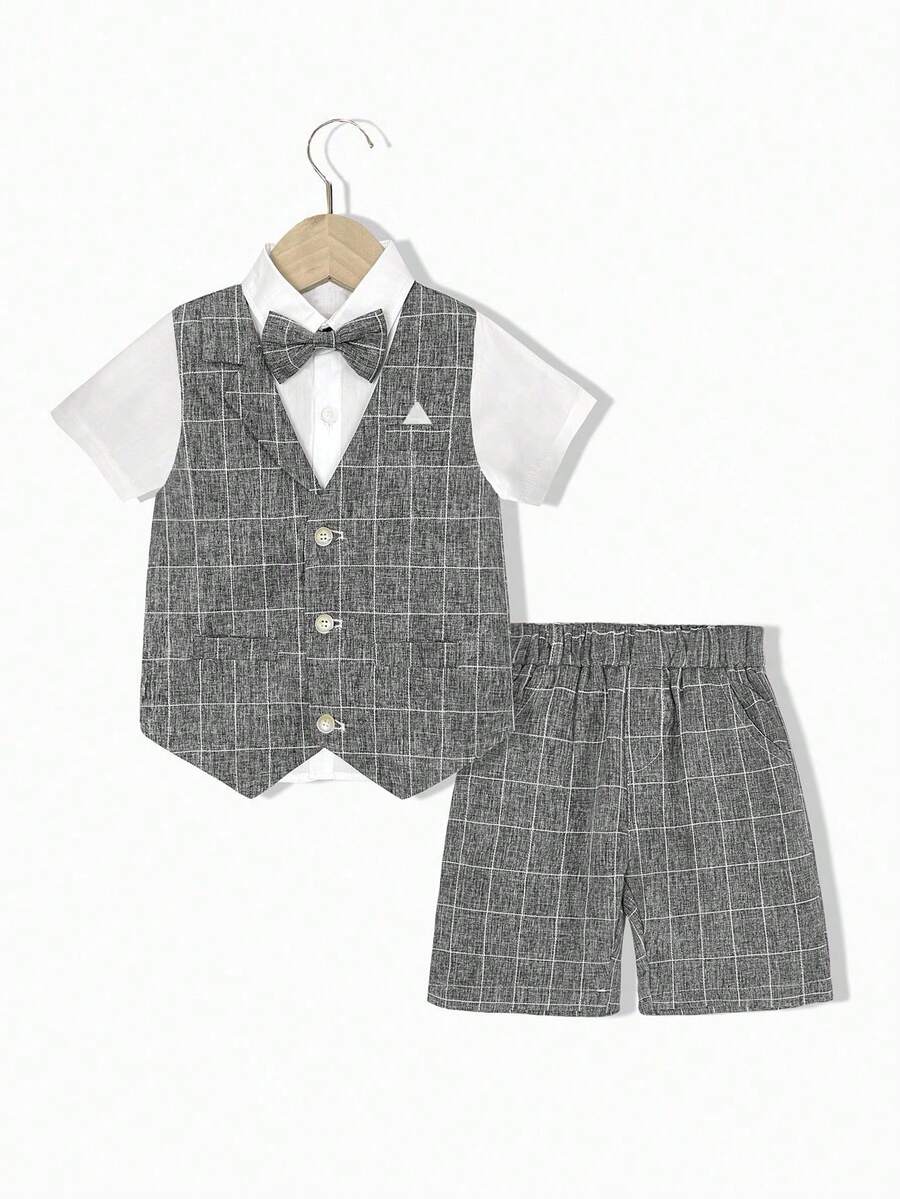 Summer New Children's Performance Formal Suit, Wedding Page Boy Gentleman Three-Piece Set, Vest + Shorts + Bow Tie - Dark Grey - View 1