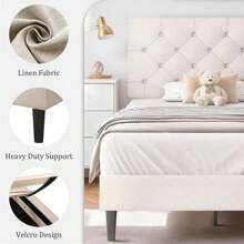 Upholstered  Bed Frame With Headboard, Linen Platform Bed  Frame With Wooden Slats Support,Twin/ Full/ Queen/ King,Pink/ White/ Blue/ Light Grey/ Dark Grey/ Black/ Cream - 米色 - 查看 3