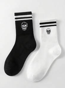 1 双骷髅标志休闲中筒袜，柔软舒适的设计，适合男士、女士、情侣、学生和日常穿着，秋季袜子 - 黑色 - 查看 10