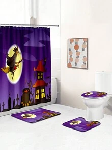 1 件/4 件万圣节多功能浴室装饰套装：防水浴帘（带 12 个挂钩）、浴室防滑垫、U 型地垫、圆形马桶座套，适用于整个浴室场景 - 彩色 - 查看 6