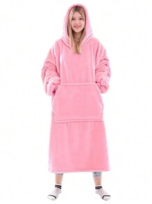 1 Pcs Wearable Blanket Sweatshirt Gifts For Women And Men, Warm And Cozy Giant Blanket Hoodie, Thick Flannel Blanket With Sleeves And Giant Pocket - 亮粉紅色 - 查看 1