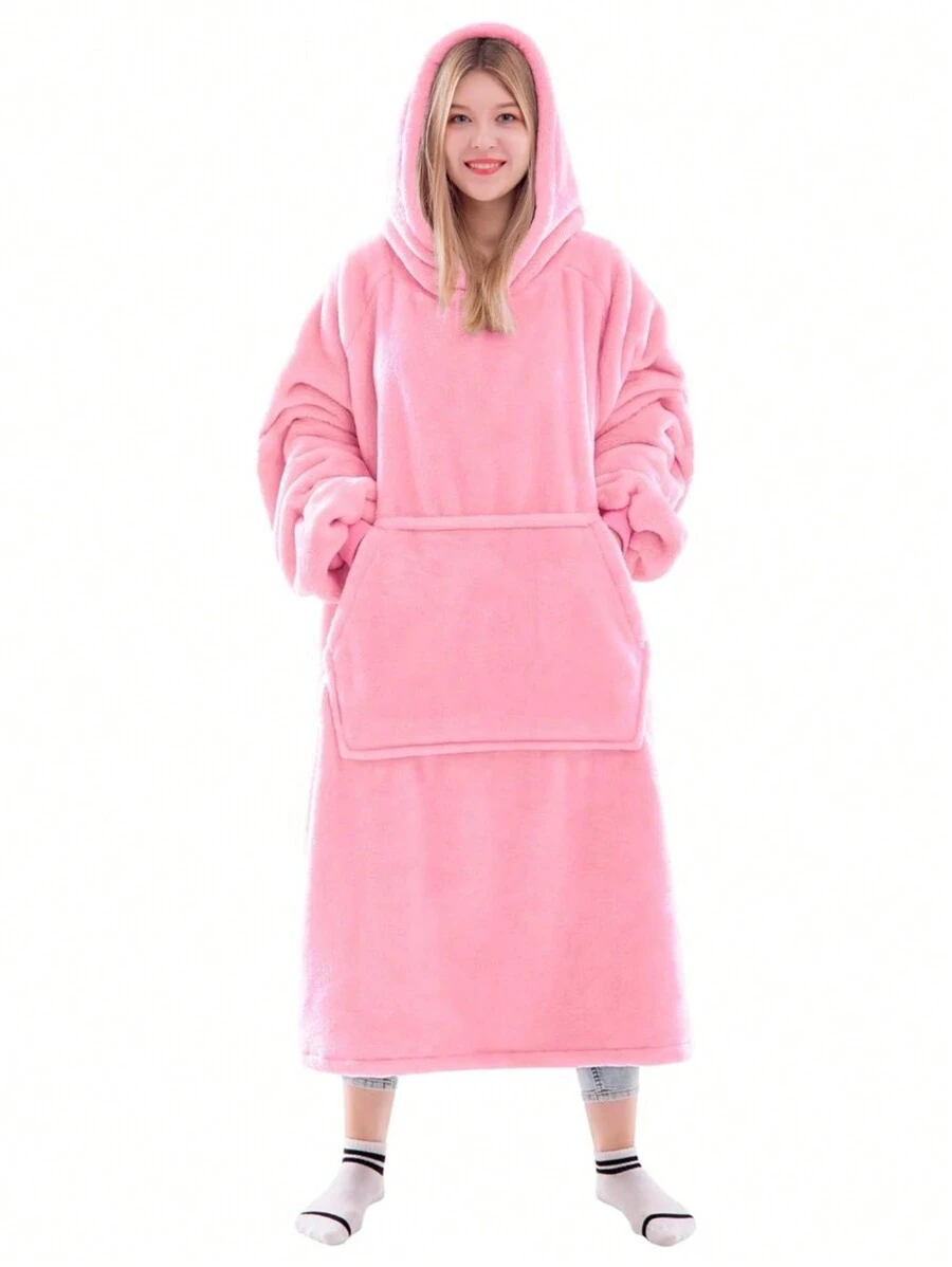 1 Pcs Wearable Blanket Sweatshirt Gifts For Women And Men, Warm And Cozy Giant Blanket Hoodie, Thick Flannel Blanket With Sleeves And Giant Pocket - 亮粉紅色 - 查看 1