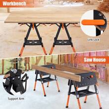 2-In-1 Folding Work Table & Sawhorse, 450 KG Max Load Workbench W/ 2 Quick Clamps & 4 Clamp Dogs, 8 Adjustable Heights & Extra Tool Shelf, Portable Clamping Workstation For Garage - Orange - View 2