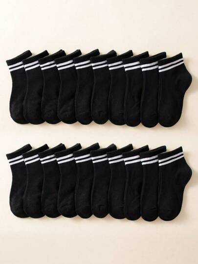 20 双儿童黑白条纹运动袜，透气舒适，适合日常穿着或返校