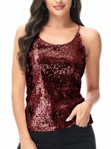 Women's Scoop Neck Razer Back Sequin Spaghetti Strap Camisole Tank Top Blouse - Burgundy - View 1